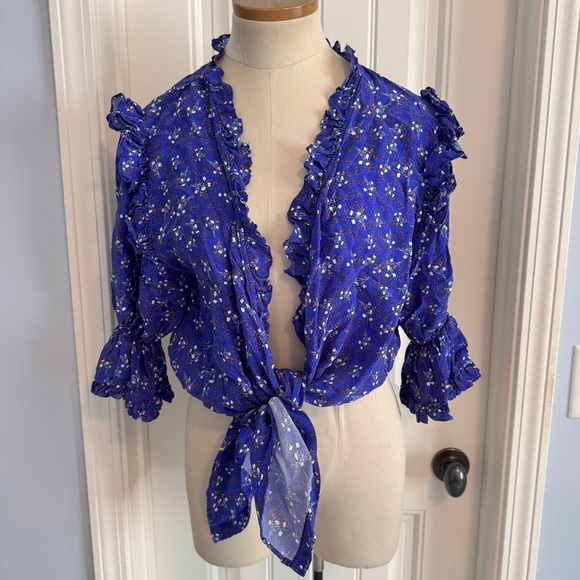 Lug Von Siga 36 Bianca Blue Floral Tie Front Blouse Top Puff Sleeve Peasant US 4 - Picture 1 of 9
